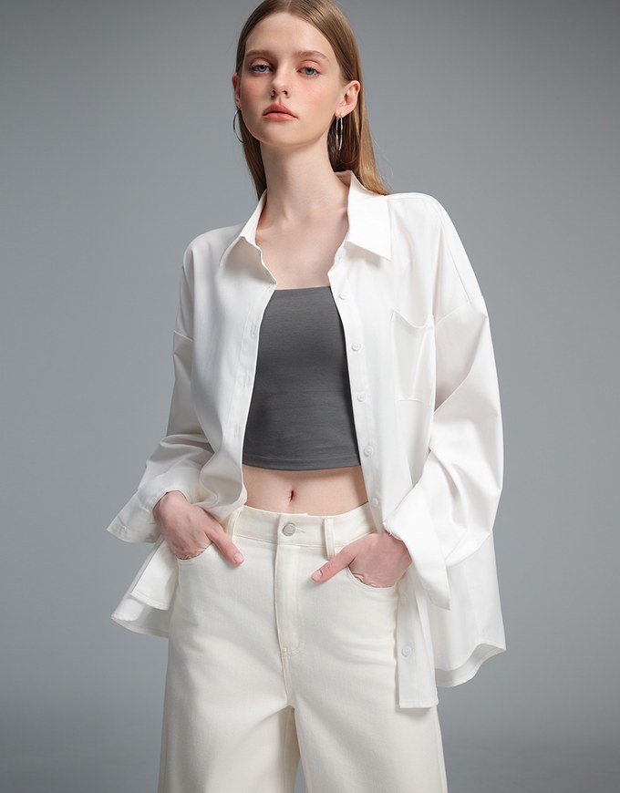 【Stain Resistant】Oversized Pocket Detail Button Down Shirt Blouse