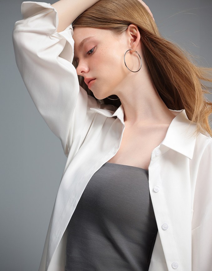 【Stain Resistant】Oversized Pocket Detail Button Down Shirt Blouse
