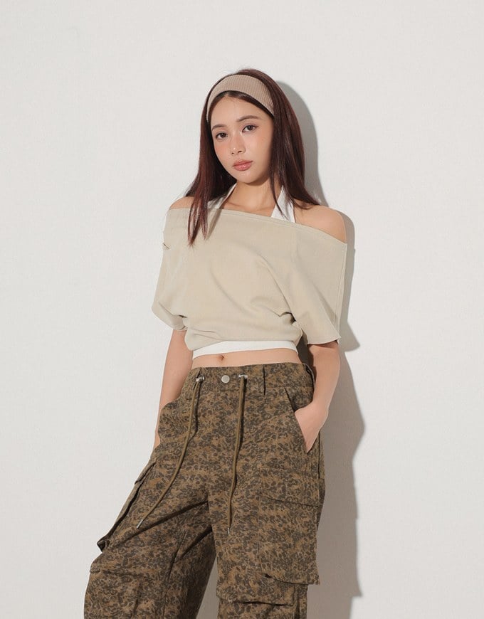 Faux 2 Piece Off Shoulder Contrast Hem Knit Crop Top