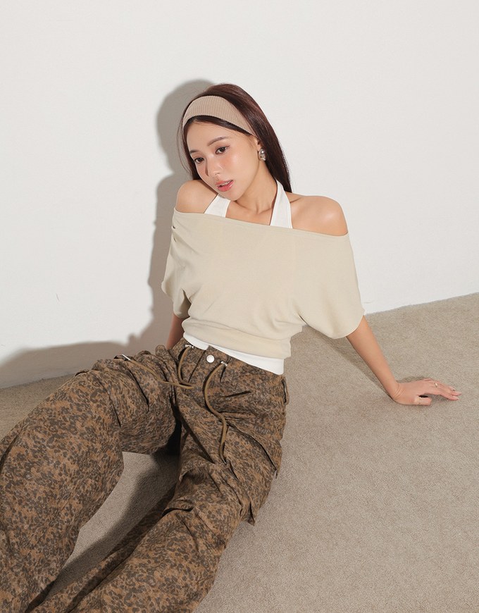Faux 2 Piece Off Shoulder Contrast Hem Knit Crop Top