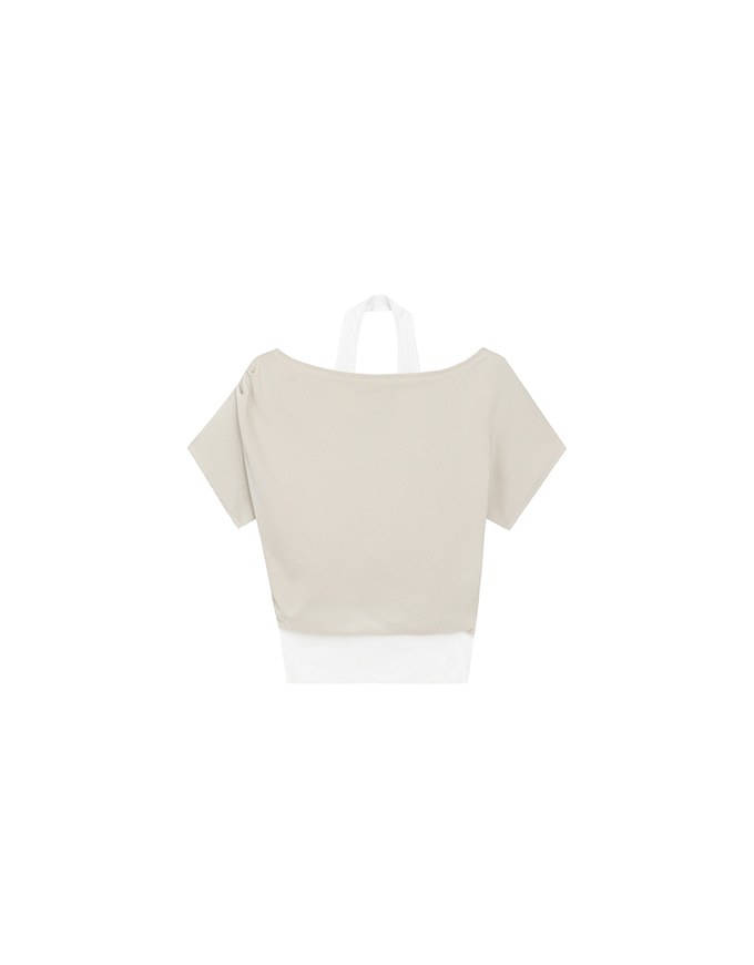Faux 2 Piece Off Shoulder Contrast Hem Knit Crop Top