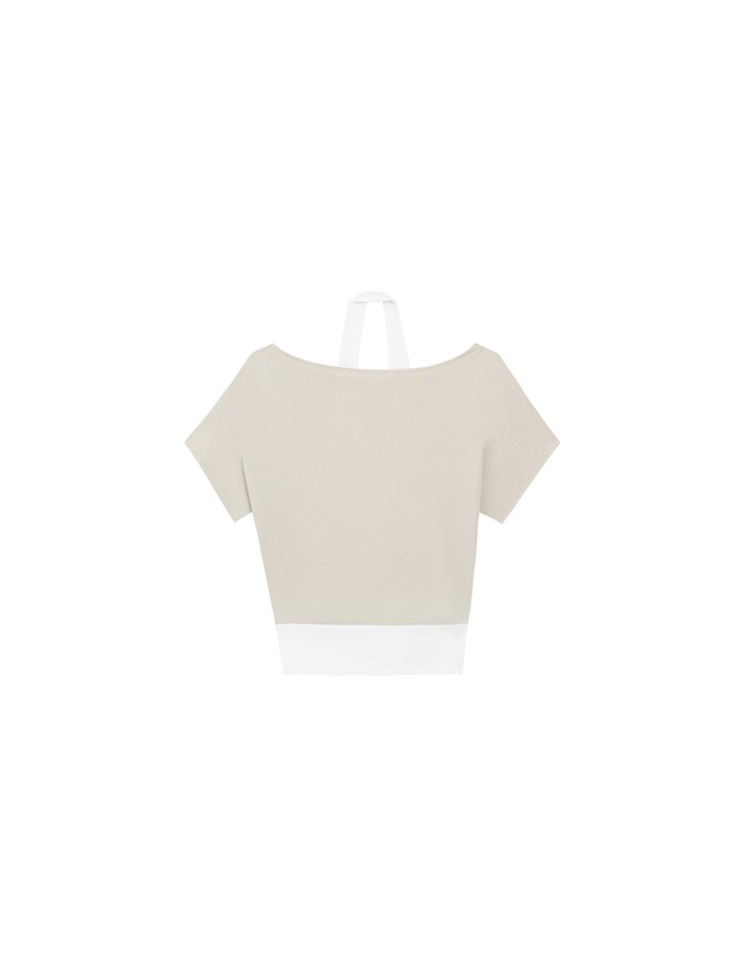Faux 2 Piece Off Shoulder Contrast Hem Knit Crop Top