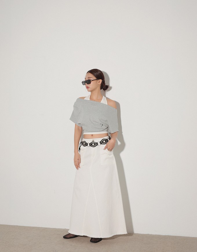 Faux 2 Piece Off Shoulder Contrast Hem Knit Crop Top