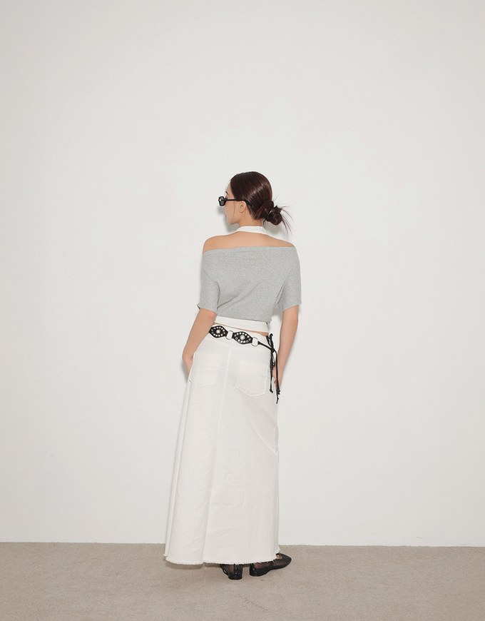 Faux 2 Piece Off Shoulder Contrast Hem Knit Crop Top