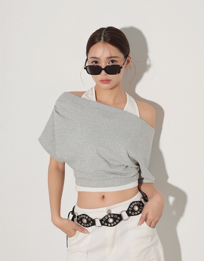 Faux 2 Piece Off Shoulder Contrast Hem Knit Crop Top