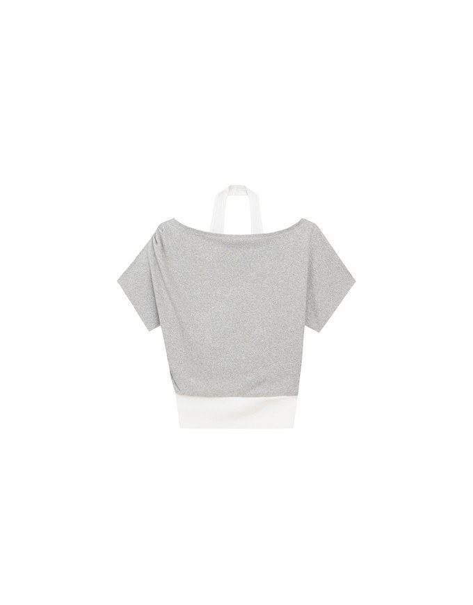 Faux 2 Piece Off Shoulder Contrast Hem Knit Crop Top