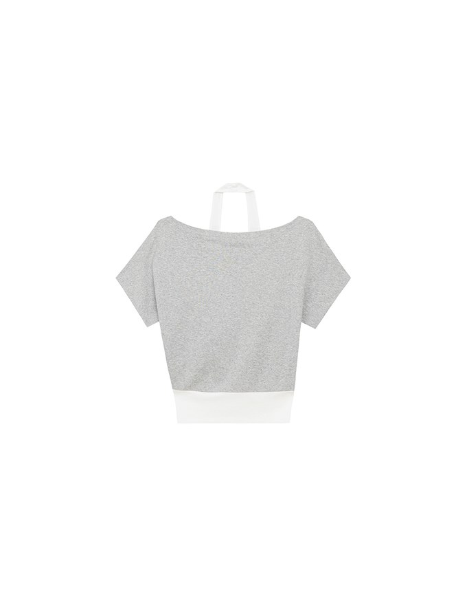 Faux 2 Piece Off Shoulder Contrast Hem Knit Crop Top
