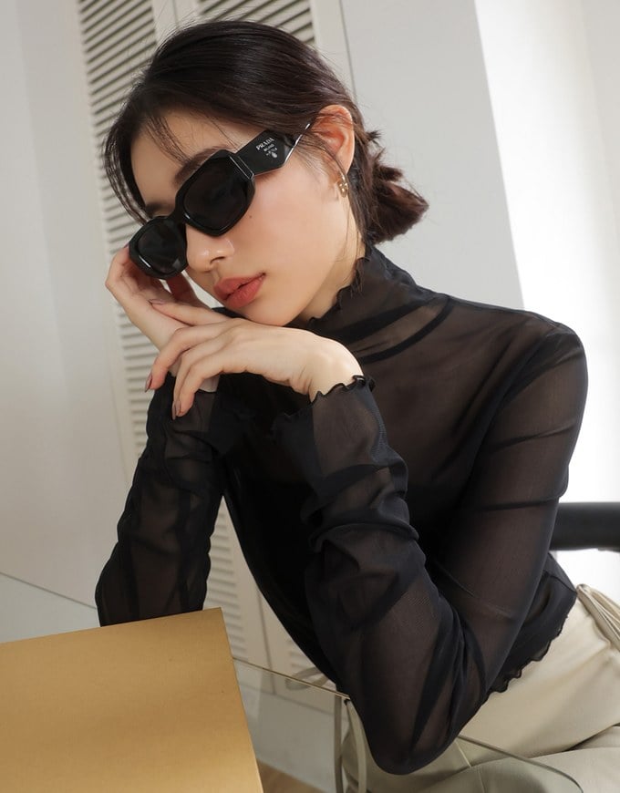 Turtleneck Sheer Ruffle Trim Top - Plain / Polka Dot Design