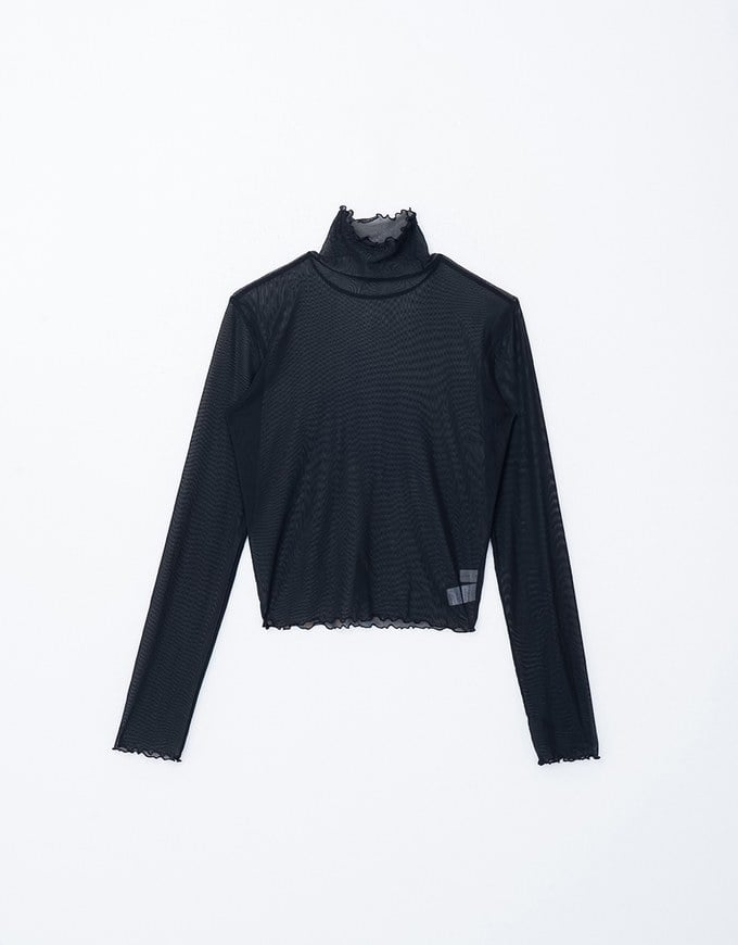 Turtleneck Sheer Ruffle Trim Top - Plain / Polka Dot Design