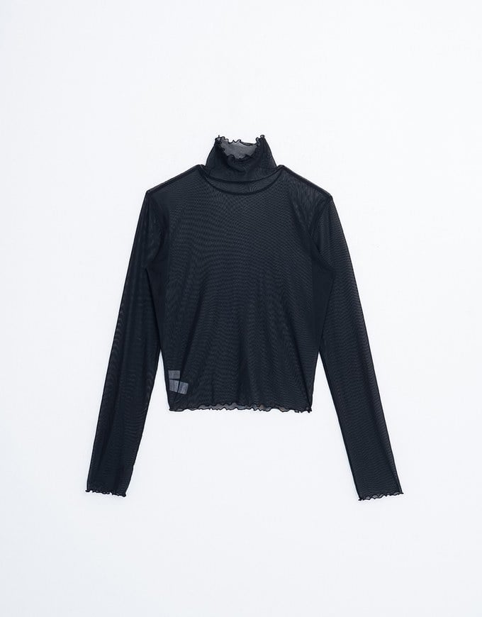 Turtleneck Sheer Ruffle Trim Top - Plain / Polka Dot Design