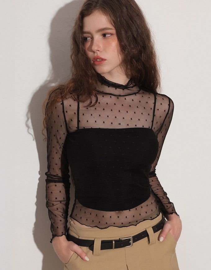 Turtleneck Sheer Ruffle Trim Top - Plain / Polka Dot Design