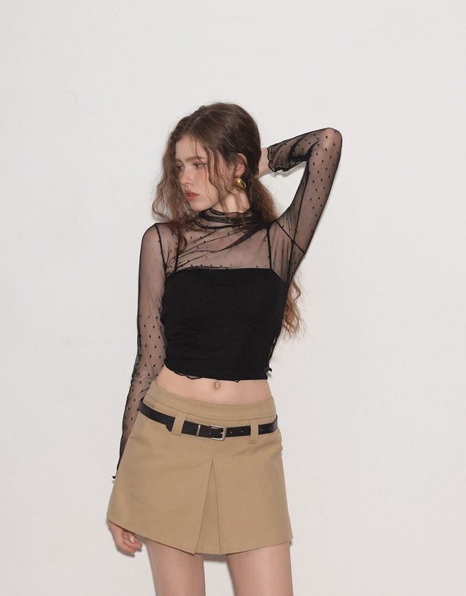 Turtleneck Sheer Ruffle Trim Top - Plain / Polka Dot Design