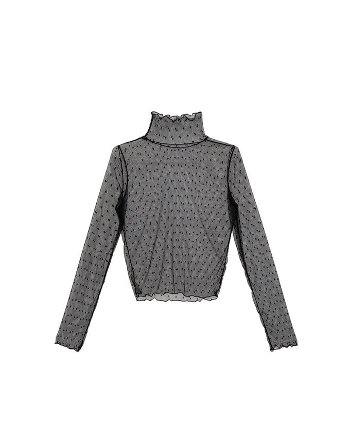 Turtleneck Sheer Ruffle Trim Top - Plain / Polka Dot Design