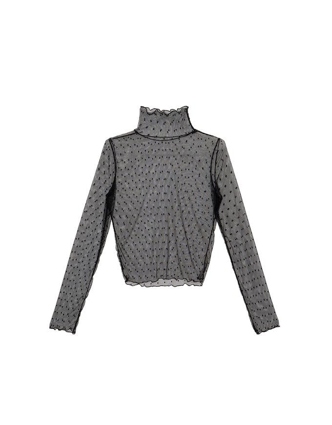 Turtleneck Sheer Ruffle Trim Top - Plain / Polka Dot Design