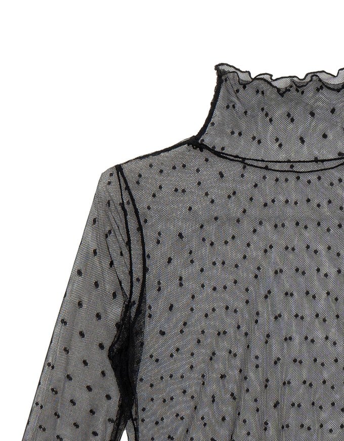 Turtleneck Sheer Ruffle Trim Top - Plain / Polka Dot Design
