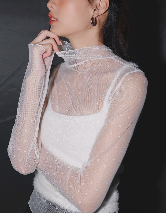 Turtleneck Sheer Ruffle Trim Top - Plain / Polka Dot Design