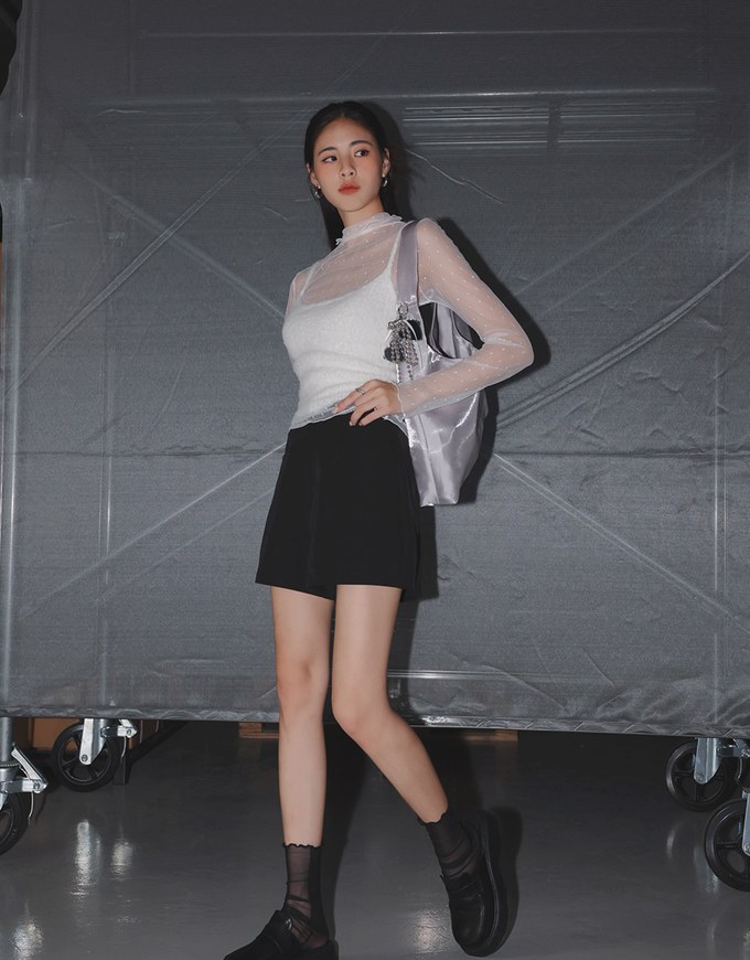 Turtleneck Sheer Ruffle Trim Top - Plain / Polka Dot Design