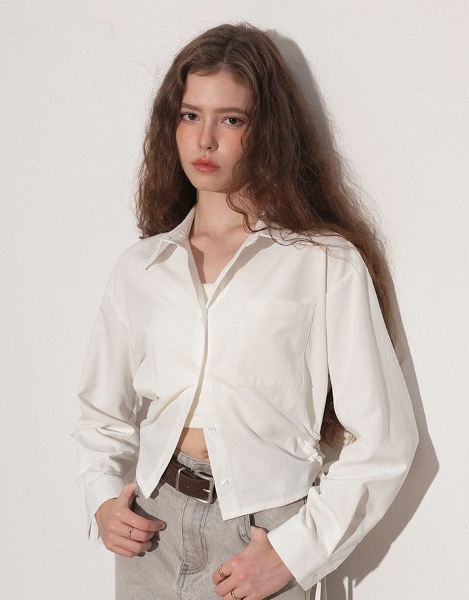 Side Drawstring Detail Collared Button Down Shirt Blouse