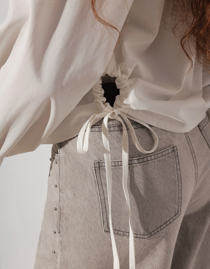 Side Drawstring Detail Collared Button Down Shirt Blouse