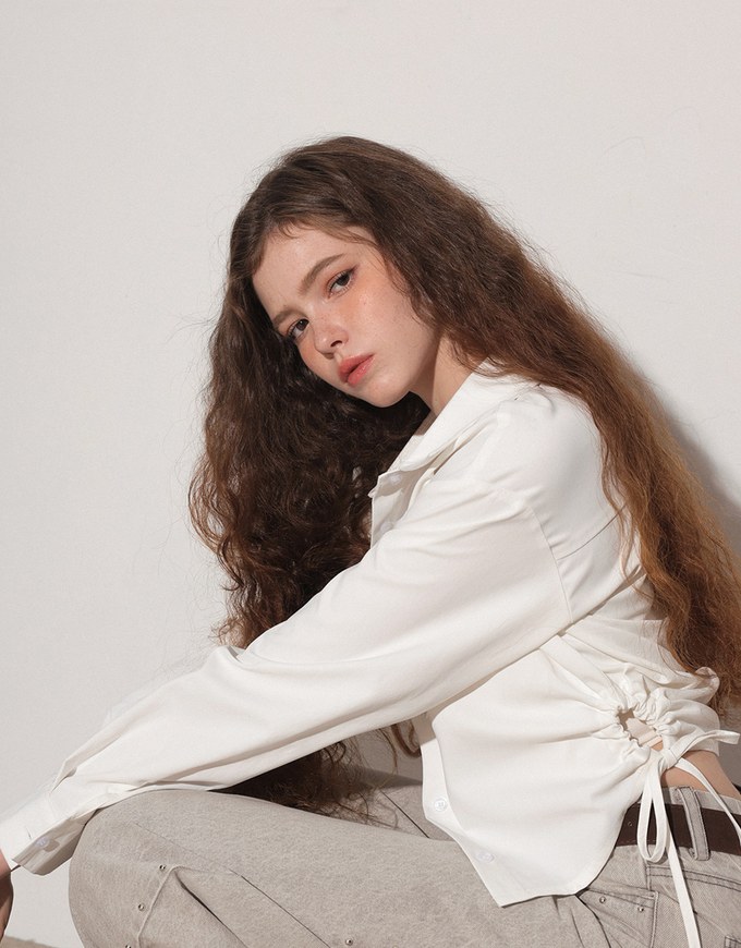 Side Drawstring Detail Collared Button Down Shirt Blouse
