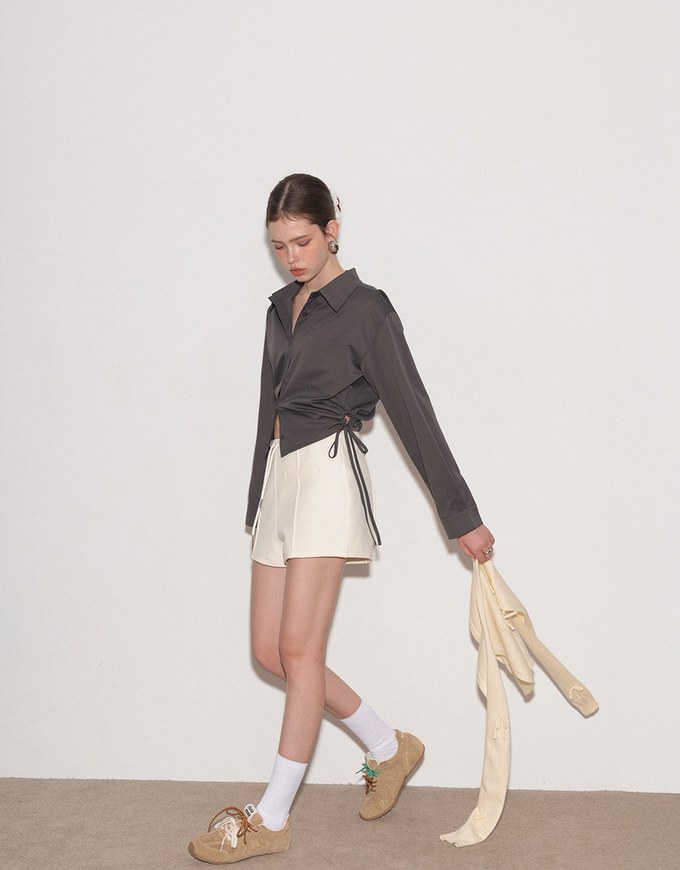 Side Drawstring Detail Collared Button Down Shirt Blouse