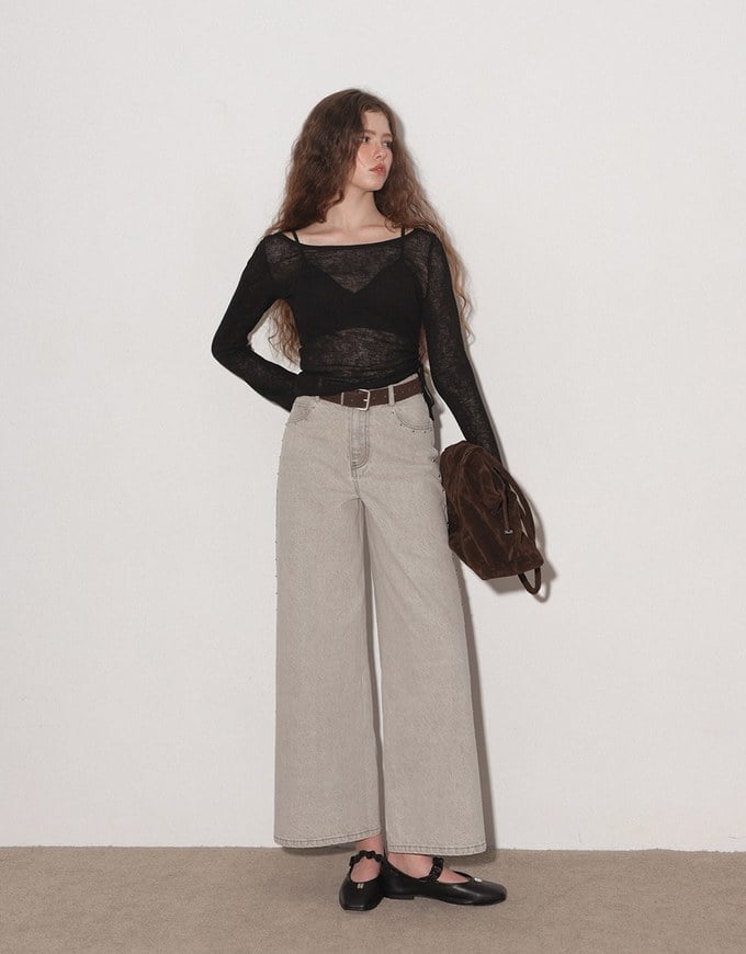 Sheer Knit Round Neck Long Sleeve Top with Adjustable Ruched Hem