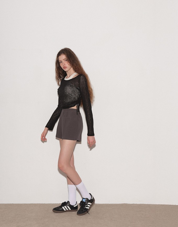 Sheer Knit Round Neck Long Sleeve Top with Adjustable Ruched Hem