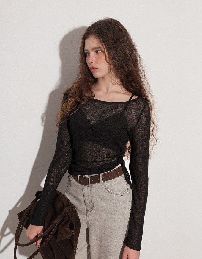 Sheer Knit Round Neck Long Sleeve Top with Adjustable Ruched Hem
