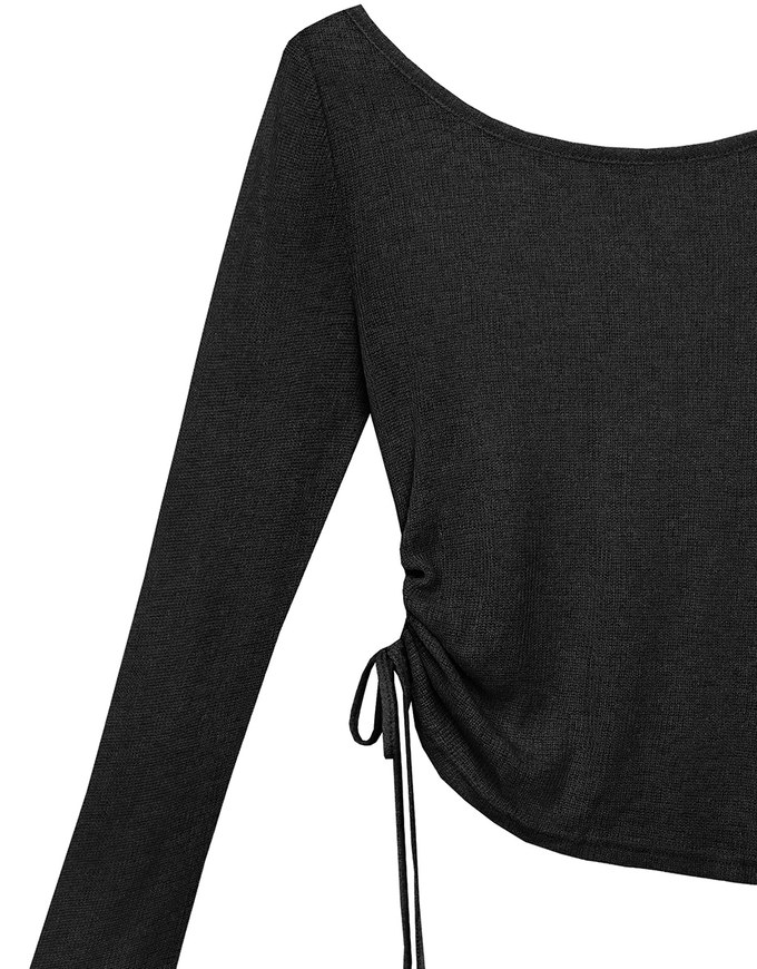 Sheer Knit Round Neck Long Sleeve Top with Adjustable Ruched Hem
