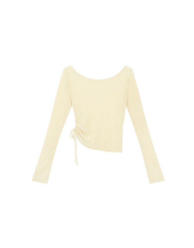 Sheer Knit Round Neck Long Sleeve Top with Adjustable Ruched Hem