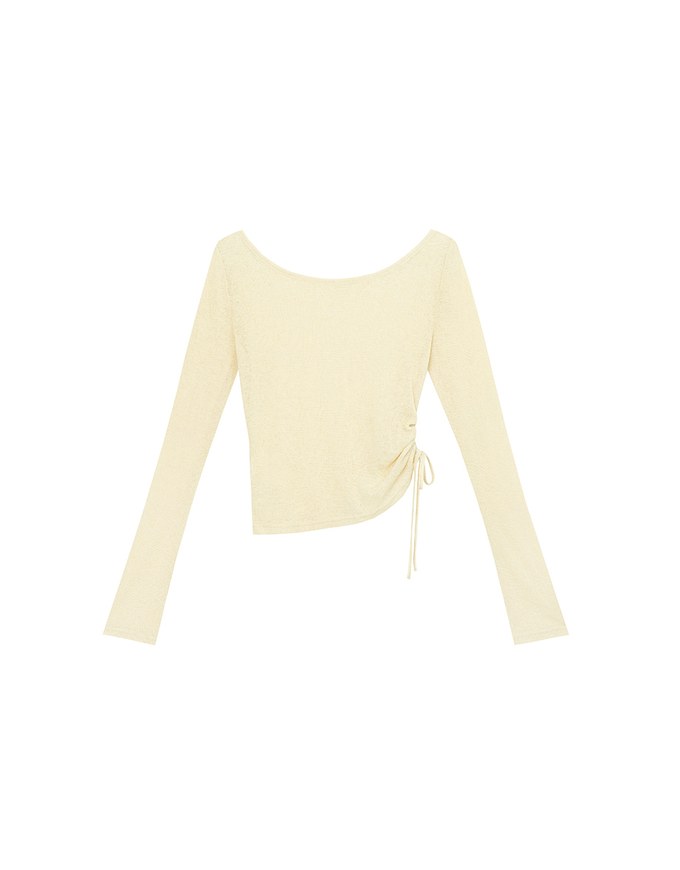 Sheer Knit Round Neck Long Sleeve Top with Adjustable Ruched Hem