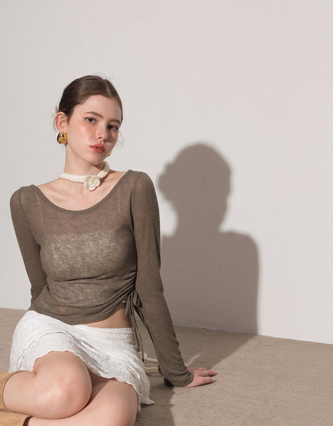 Sheer Knit Round Neck Long Sleeve Top with Adjustable Ruched Hem
