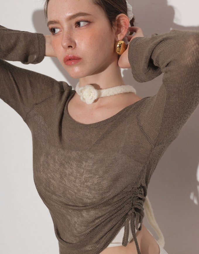 Sheer Knit Round Neck Long Sleeve Top with Adjustable Ruched Hem