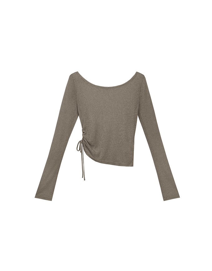Sheer Knit Round Neck Long Sleeve Top with Adjustable Ruched Hem