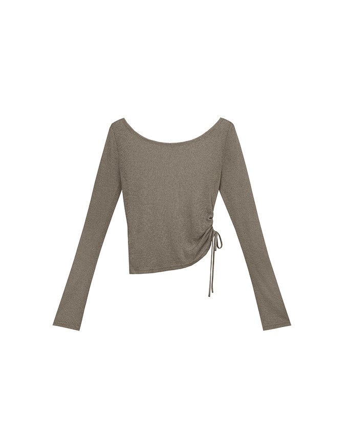 Sheer Knit Round Neck Long Sleeve Top with Adjustable Ruched Hem