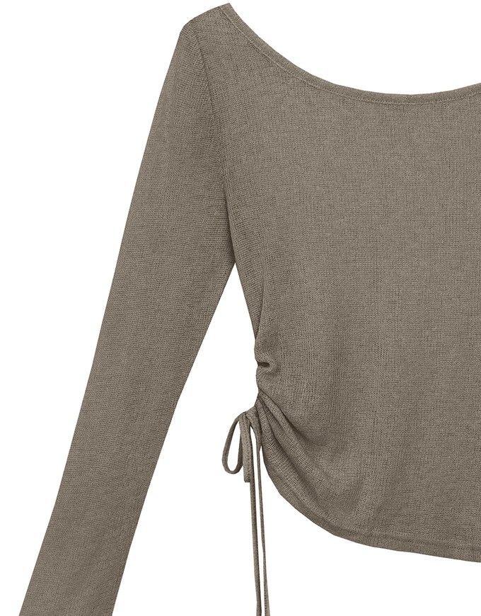 Sheer Knit Round Neck Long Sleeve Top with Adjustable Ruched Hem