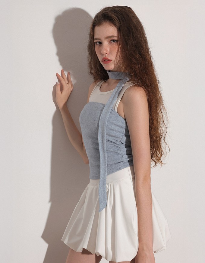 Ruched Side Crop Tube Bra Top with Thin Scarf Set