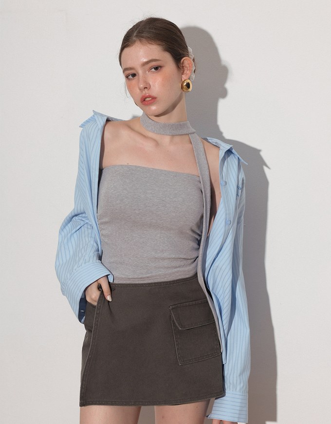 Ruched Side Crop Tube Bra Top with Thin Scarf Set