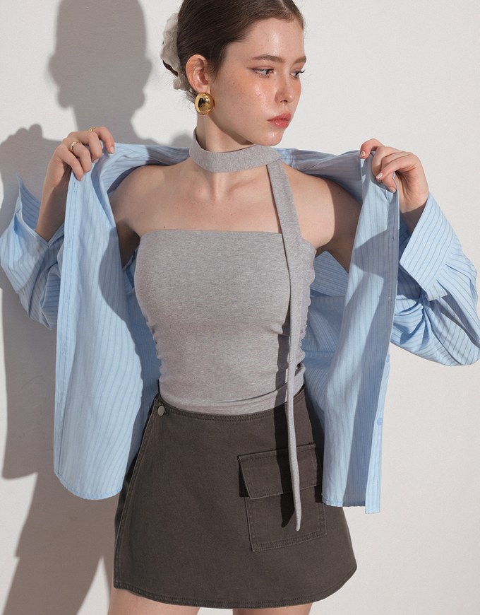 Ruched Side Crop Tube Bra Top with Thin Scarf Set
