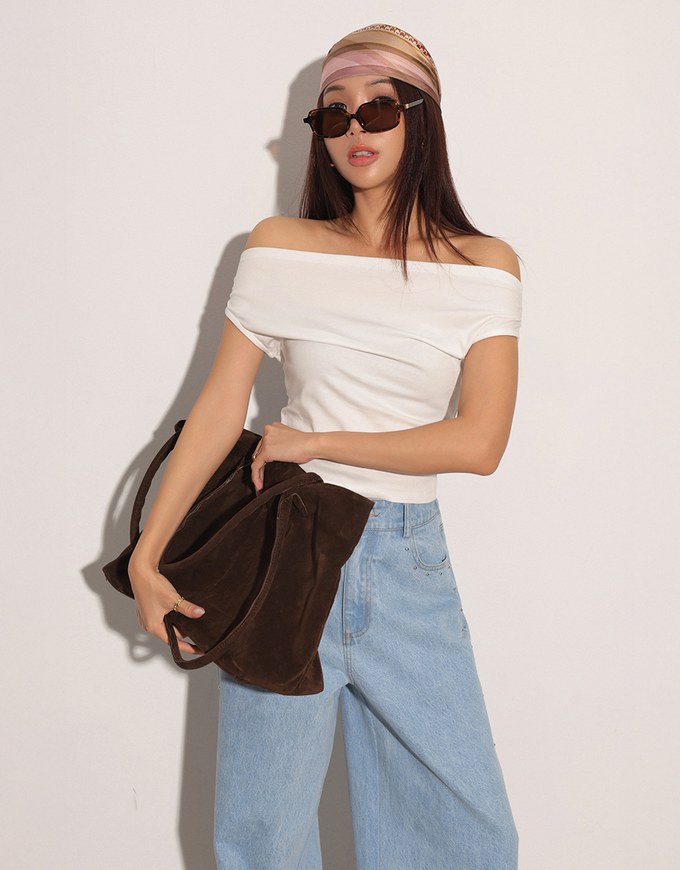 Fitted Off Shoulder Stretch Cotton Short Sleeve Top