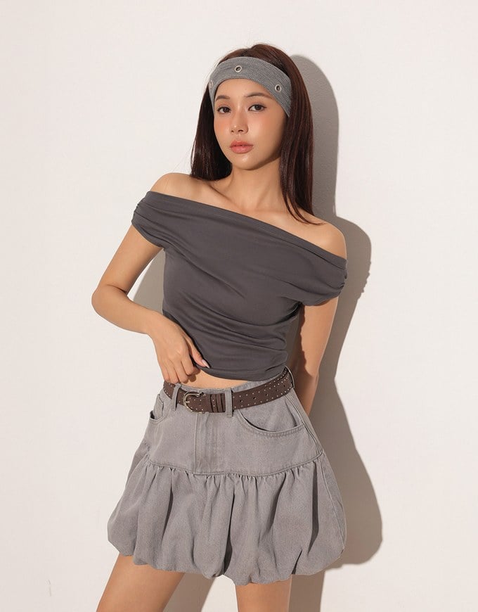 Fitted Off Shoulder Stretch Cotton Short Sleeve Top