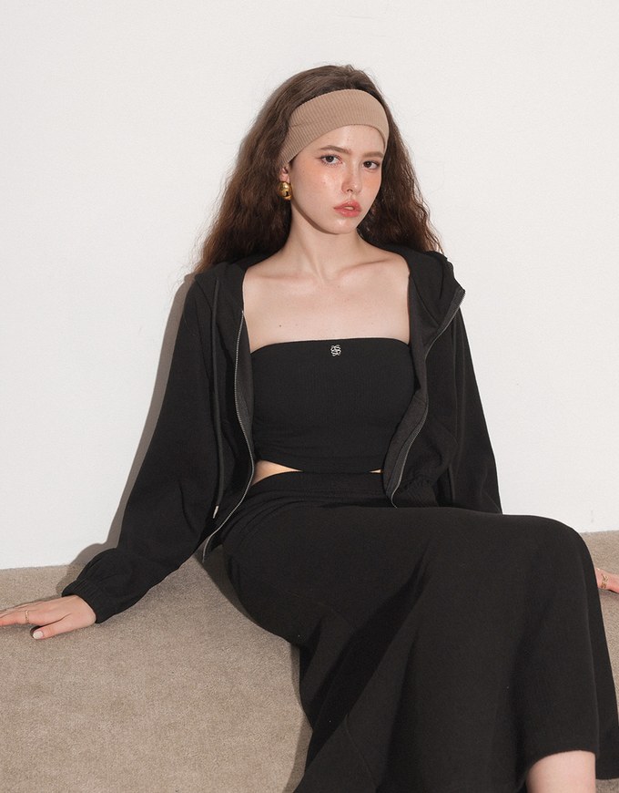 Cropped Zip Up Hoodie Jacket with Ribbed Elastic Hem