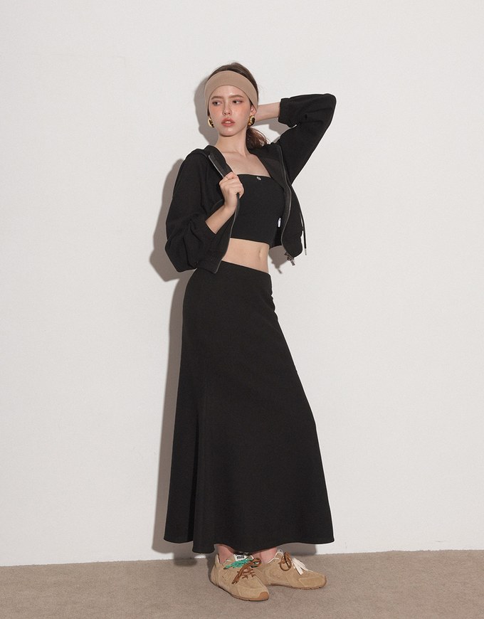 Cropped Zip Up Hoodie Jacket with Ribbed Elastic Hem