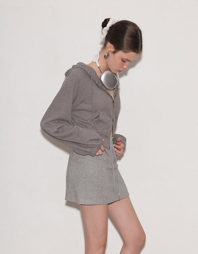 Cropped Zip Up Hoodie Jacket with Ribbed Elastic Hem