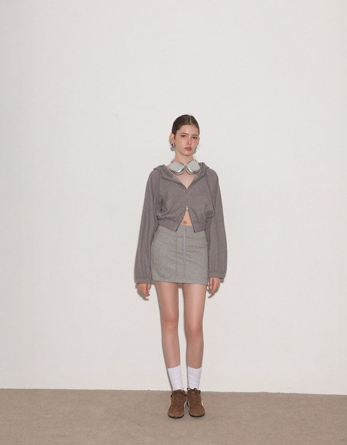 Cropped Zip Up Hoodie Jacket with Ribbed Elastic Hem
