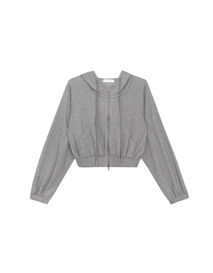 Cropped Zip Up Hoodie Jacket with Ribbed Elastic Hem