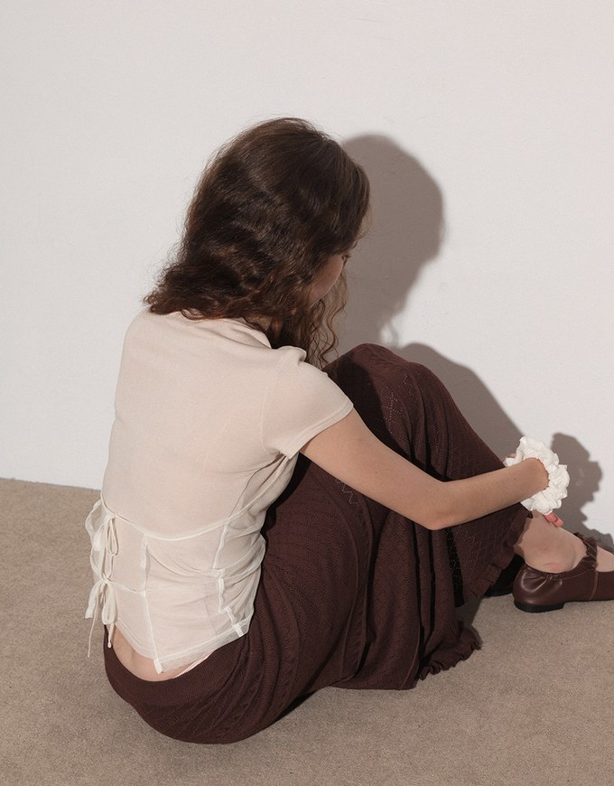 Faux 2 Piece Short Sleeve Tee with Back Lace Up Detail