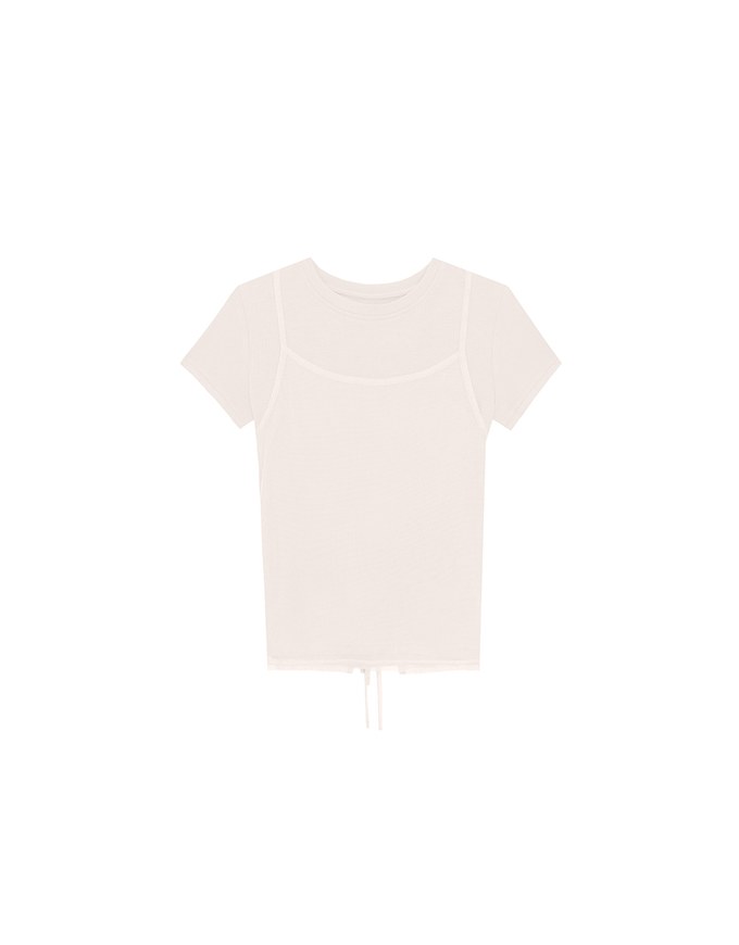 Faux 2 Piece Short Sleeve Tee with Back Lace Up Detail