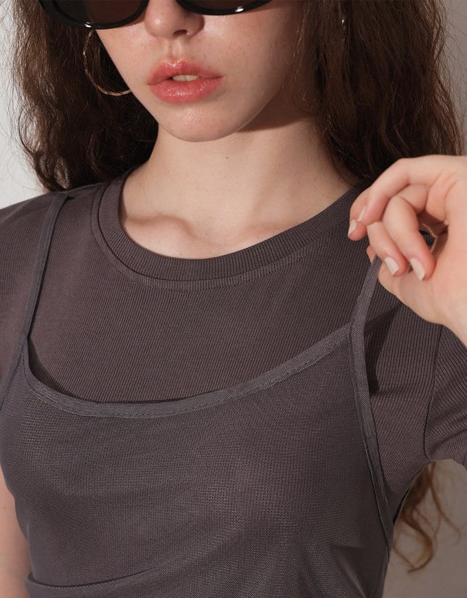 Faux 2 Piece Short Sleeve Tee with Back Lace Up Detail