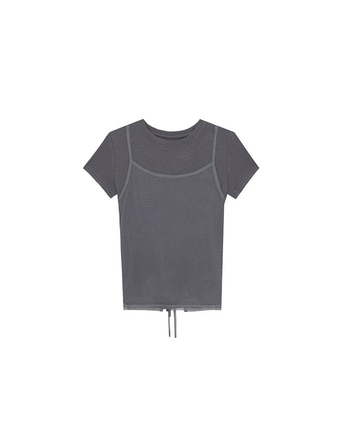 Faux 2 Piece Short Sleeve Tee with Back Lace Up Detail